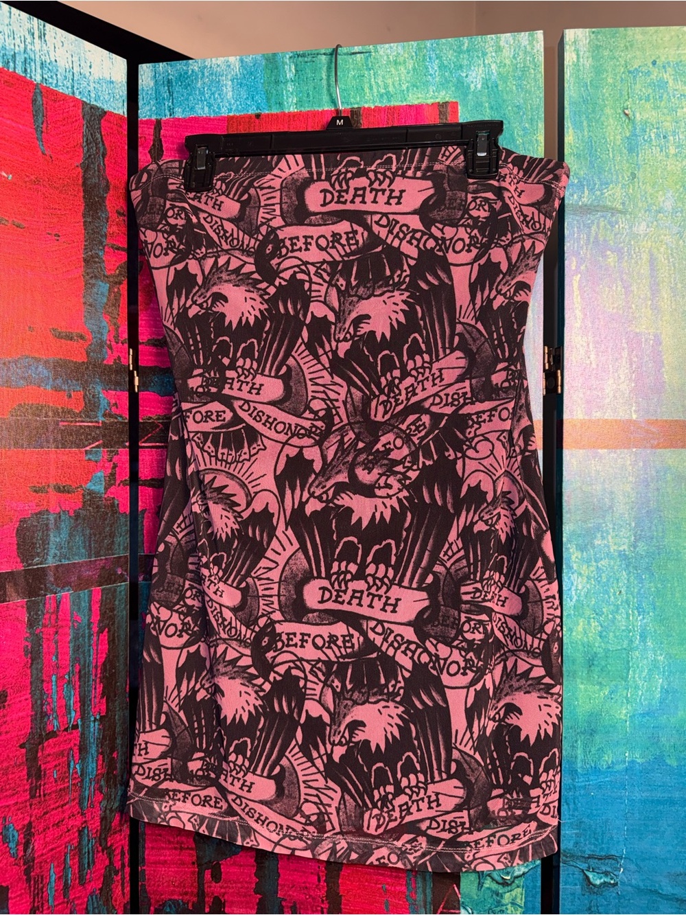 Ed Hardy Pink and Black Strapless Graphic Dress